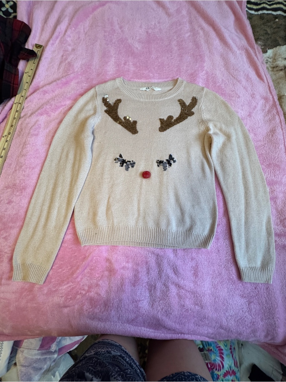 H&M Cream Reindeer Sweater with Brown Antlers and Red Nose